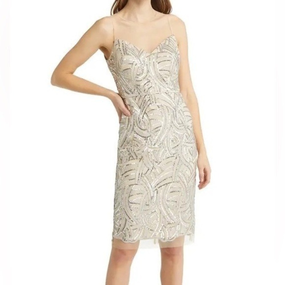Vince Camuto Silver Sequin Swirl Illusion Mesh Sheath Dress Nude Tan Size 8 NWOT